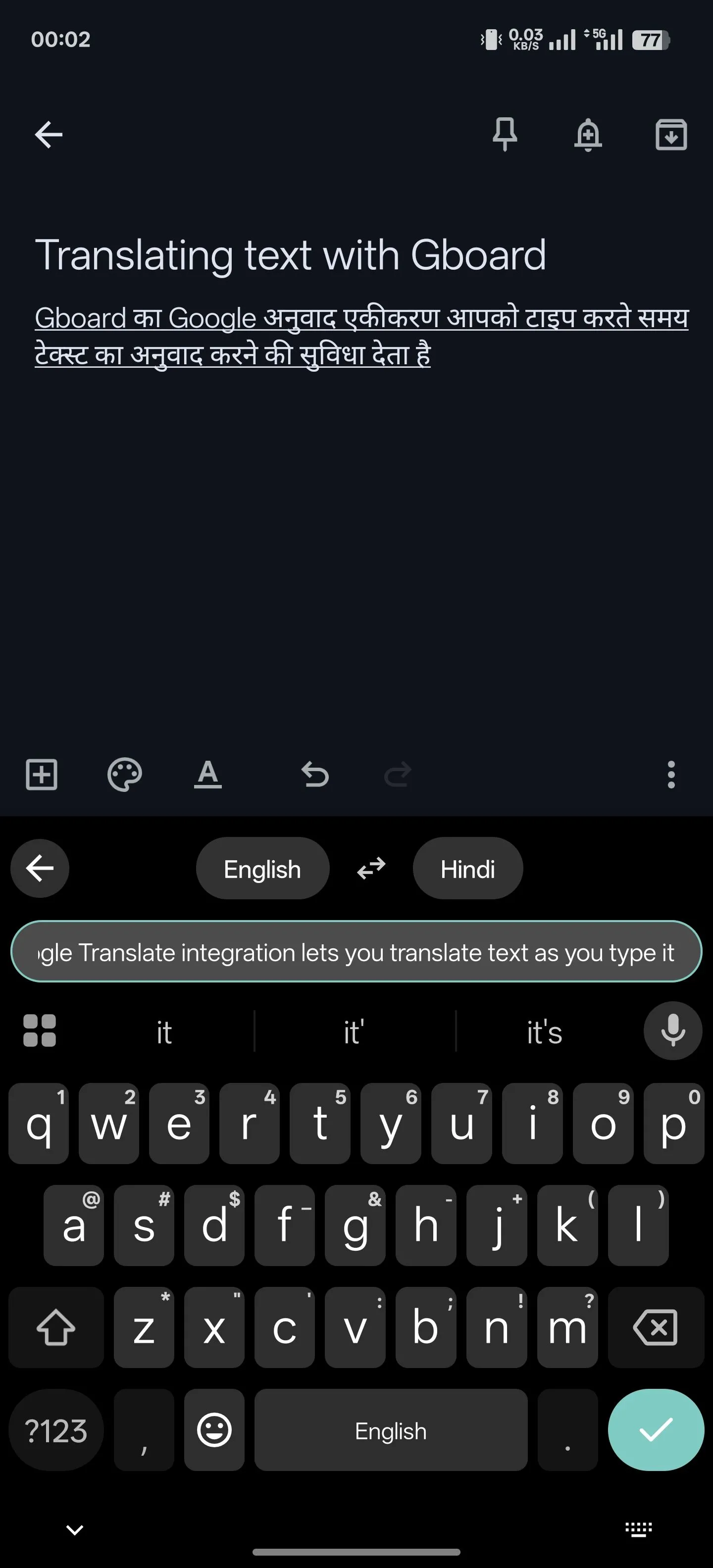 Sử dụng tính năng dịch văn bản trực tiếp trên Gboard khi đang gõ để giao tiếp đa ngôn ngữ.