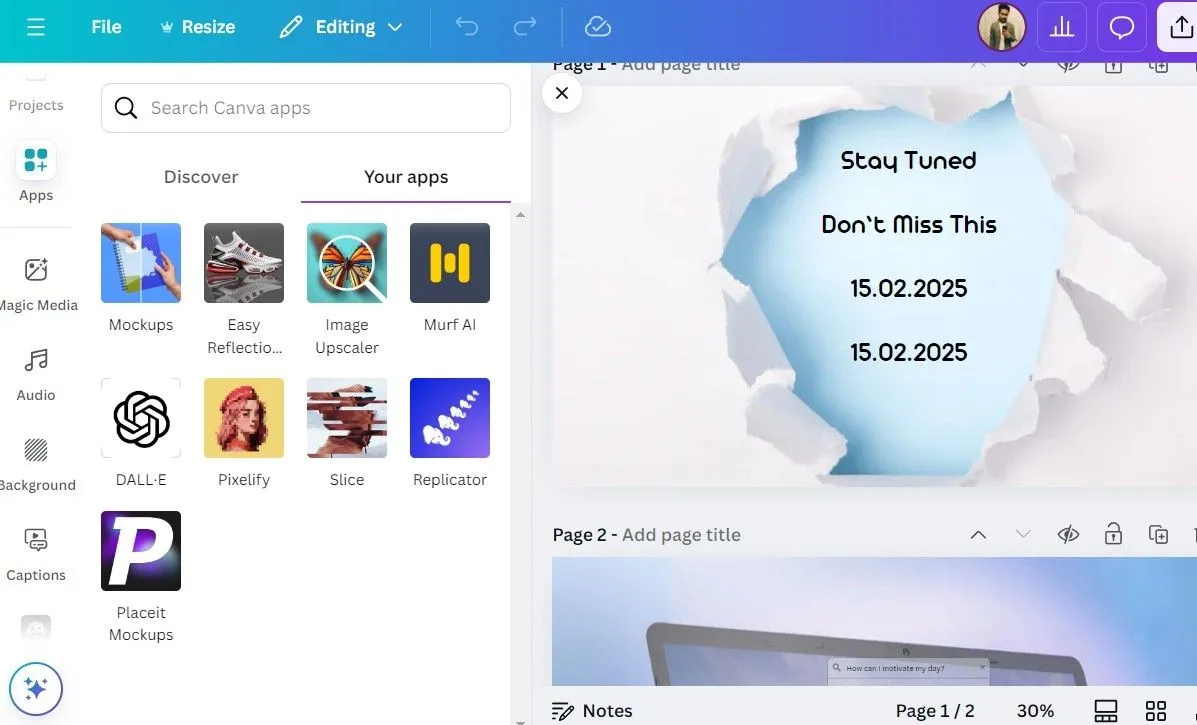Tab 'Apps' trong ứng dụng Canva trên máy tính, hiển thị các ứng dụng tích hợp giúp mở rộng khả năng thiết kế.