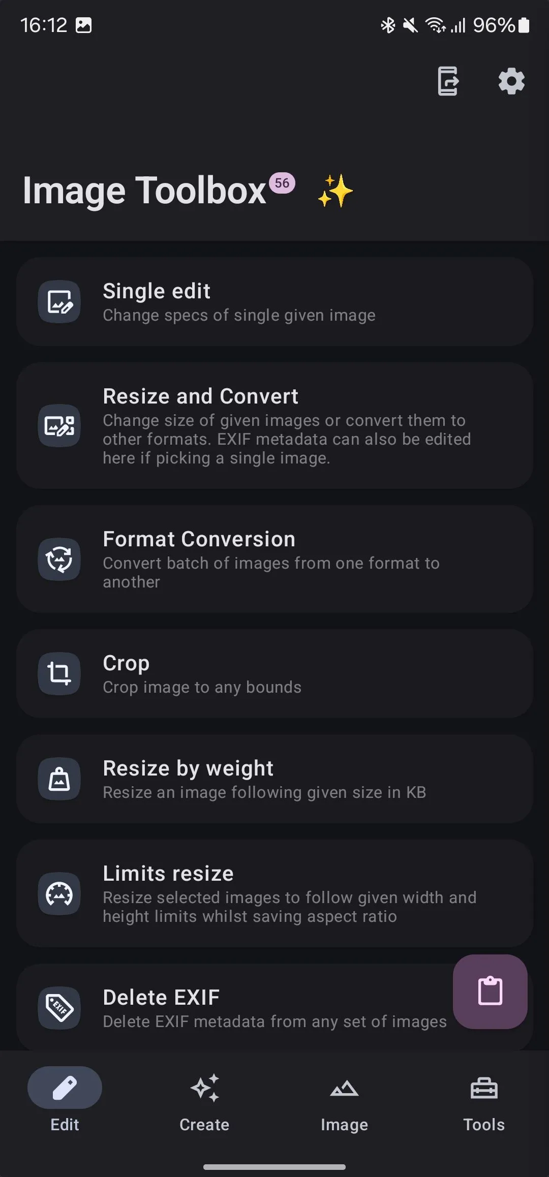 Tab chỉnh sửa của ứng dụng Image Toolbox, hiển thị các công cụ thao tác hình ảnh như cắt, xoay và điều chỉnh kích thước trên Android.