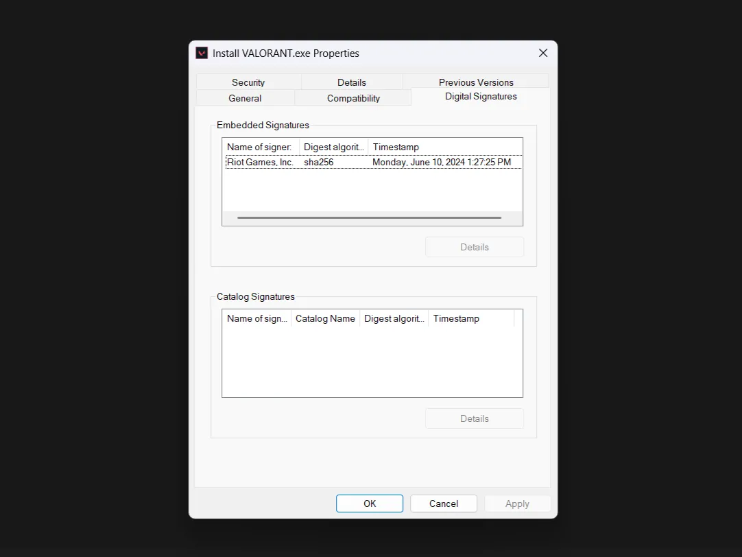 Tab Digital Signatures trong phần Properties của một tệp tin, minh họa chữ ký số hợp lệ