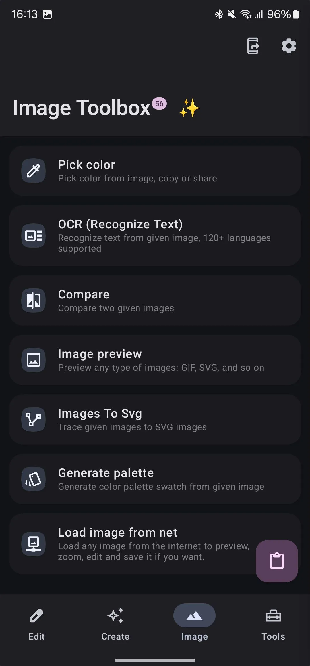 Tab hình ảnh trong ứng dụng Image Toolbox, cung cấp các tùy chọn quản lý và chuyển đổi định dạng ảnh một cách tiện lợi.