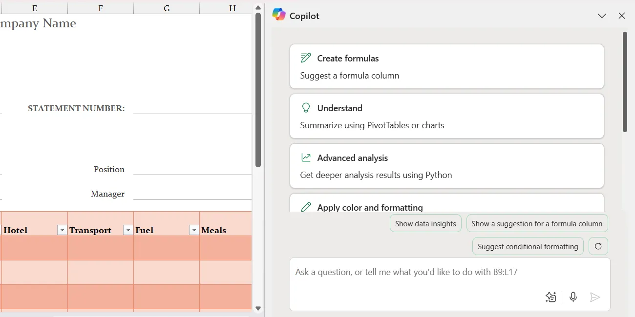 Thanh bên Copilot trong Excel hỗ trợ tạo công thức và phân tích dữ liệu
