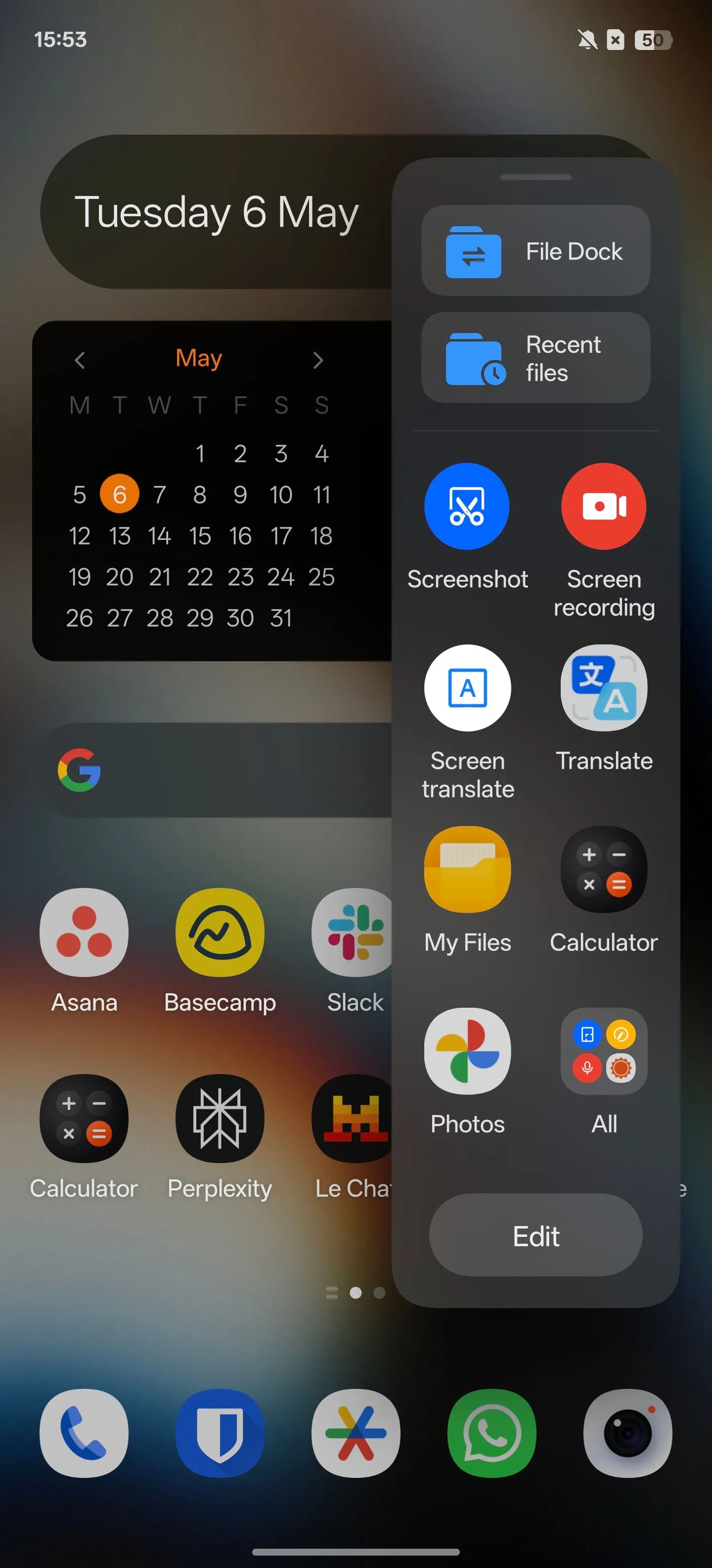 Thanh bên thông minh (Smart Sidebar) trên màn hình chính của điện thoại OnePlus, chứa các ứng dụng và công cụ.