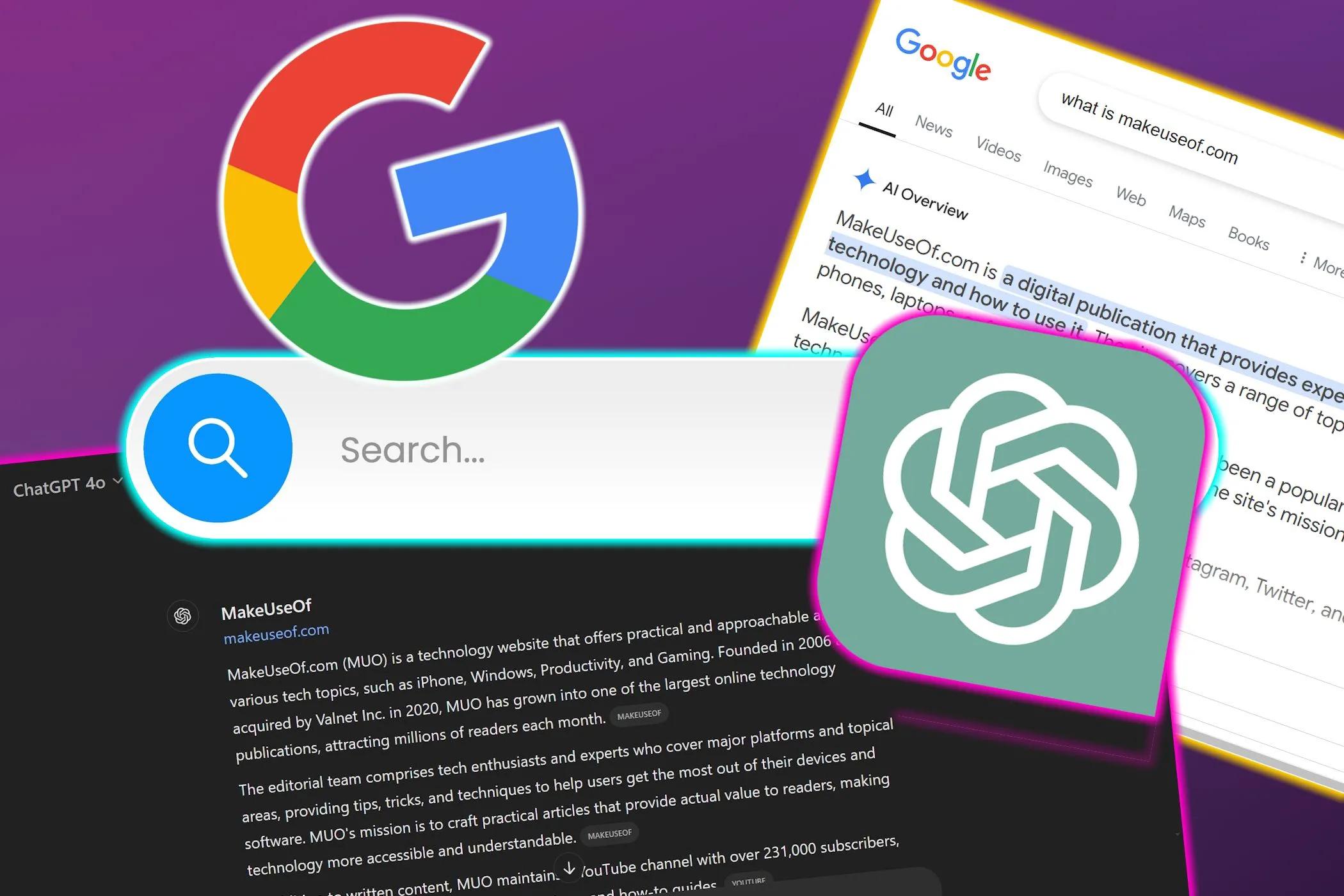 Thanh tìm kiếm minh họa sự kết hợp của Google và ChatGPT, biểu tượng cho trải nghiệm tìm kiếm AI vượt trội