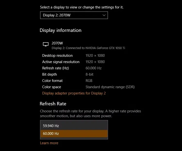 Thay đổi tần số quét màn hình trên cài đặt hiển thị nâng cao của Windows 10