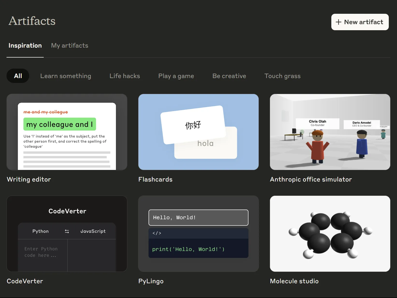 Thẻ Inspiration trong ứng dụng web Claude Artifacts