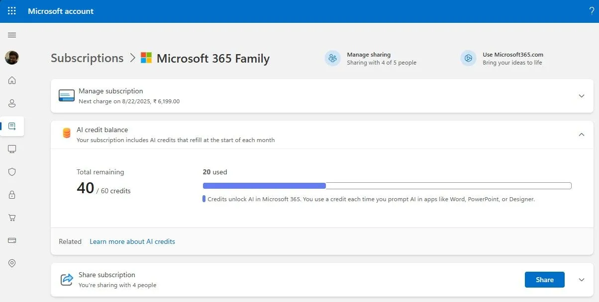 Theo dõi số dư tín dụng AI cho Microsoft 365 trên trang tài khoản Microsoft