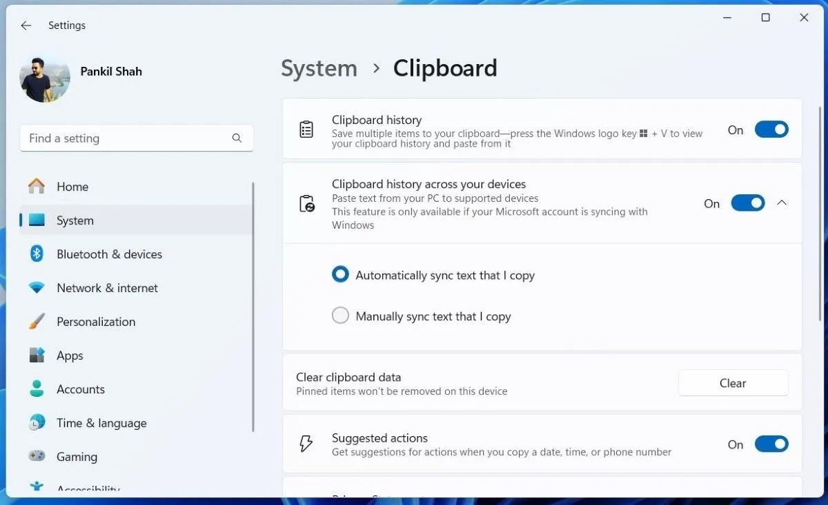 Thiết lập đồng bộ lịch sử Clipboard giữa các thiết bị trong Cài đặt Windows 11