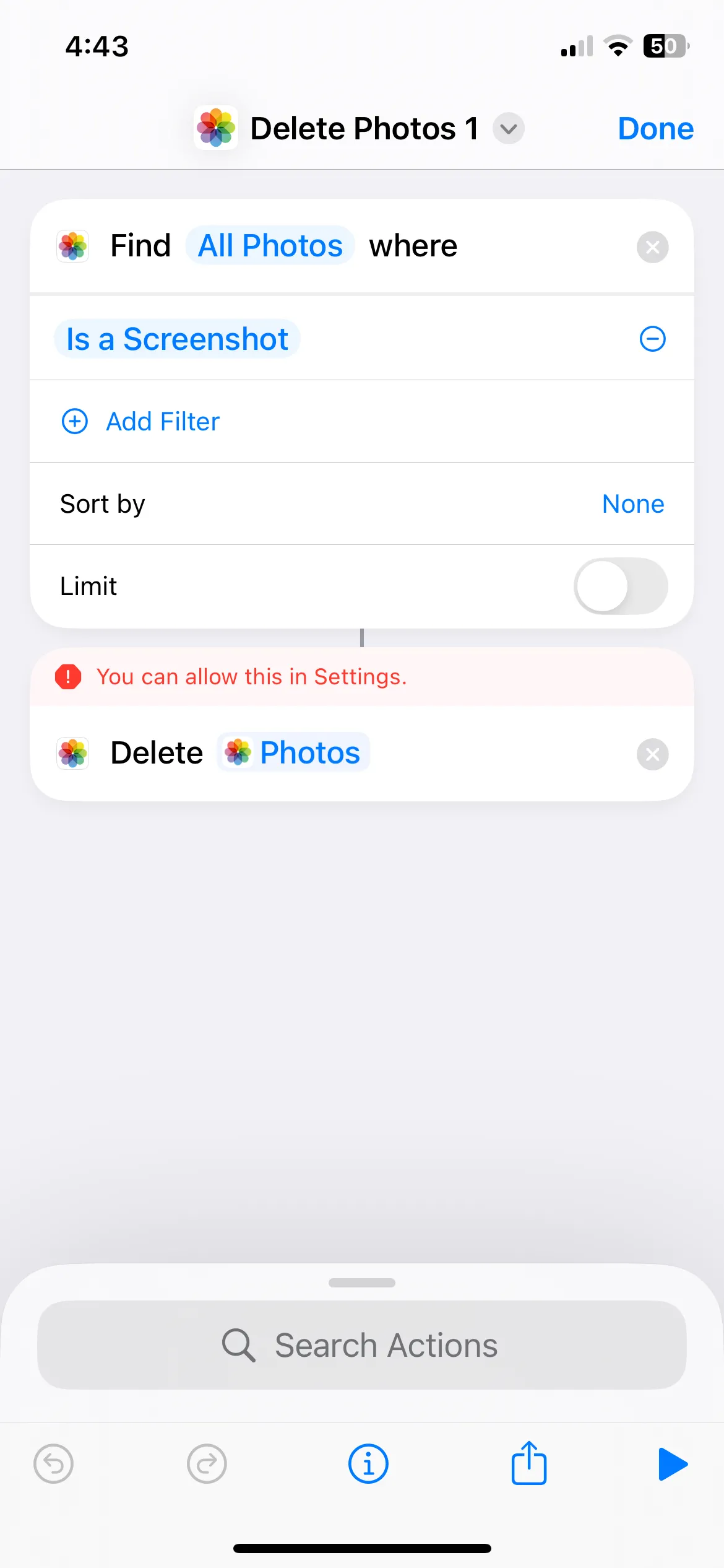 Thông báo lỗi khi phím tắt iPhone không đủ quyền xóa lượng lớn ảnh chụp màn hình