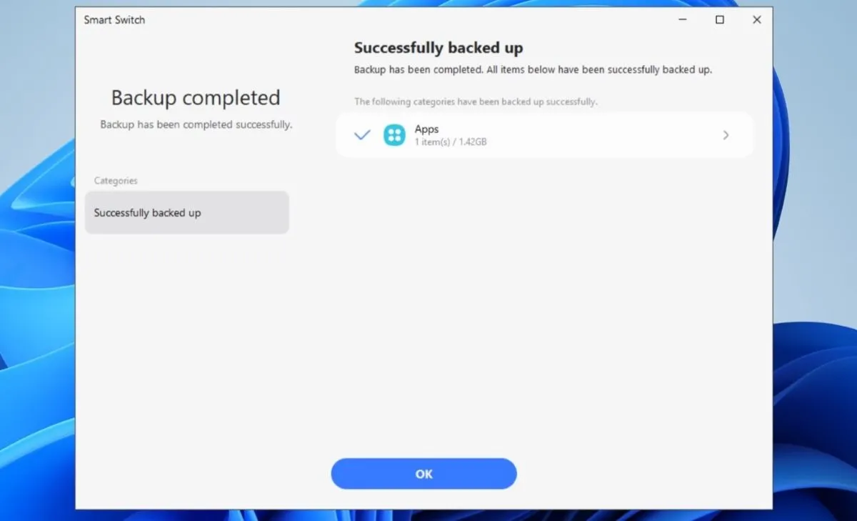 Thông báo sao lưu Thư mục Bảo mật hoàn tất trên ứng dụng Smart Switch máy tính