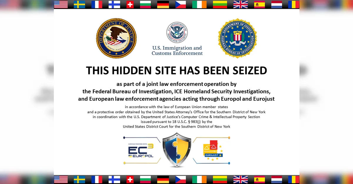 Thông báo tịch thu website dark web của ICE hiển thị rõ ràng