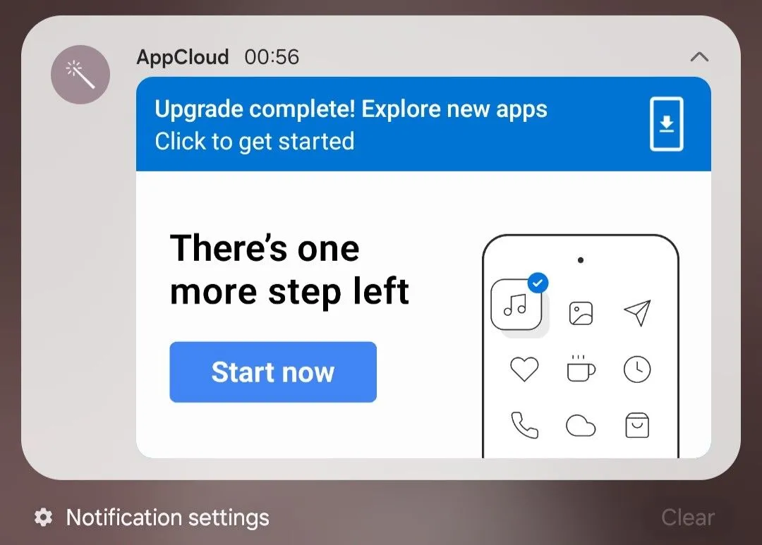 Thông báo từ AppCloud trên điện thoại Samsung khuyến khích khám phá ứng dụng mới sau khi cập nhật