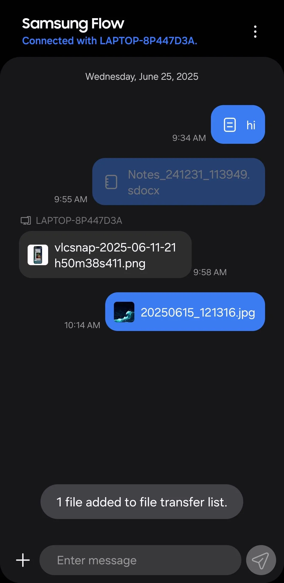 Thông báo xác nhận file đã được gửi thành công qua Samsung Flow từ điện thoại