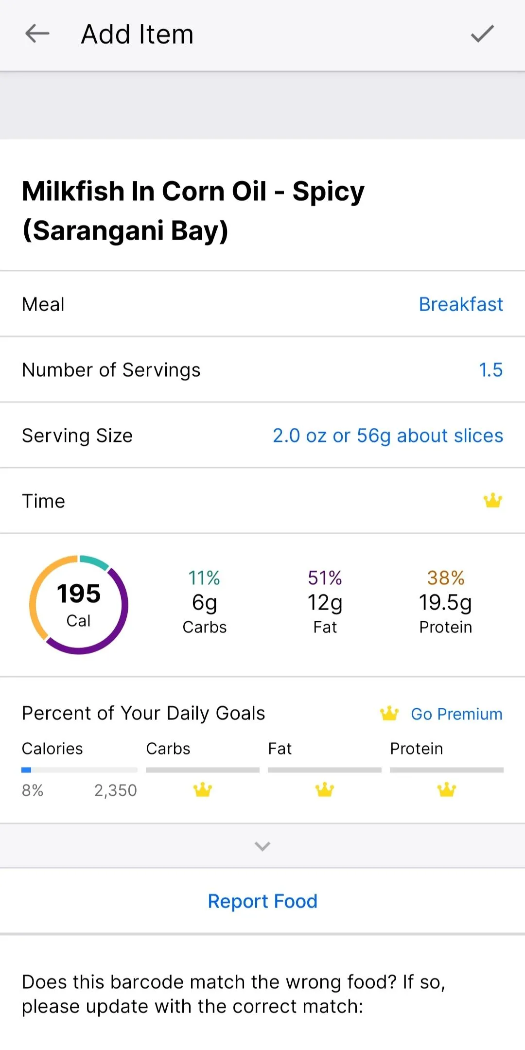Thống kê chi tiết macro và khẩu phần ăn của món cá sữa trong cơ sở dữ liệu MyFitnessPal