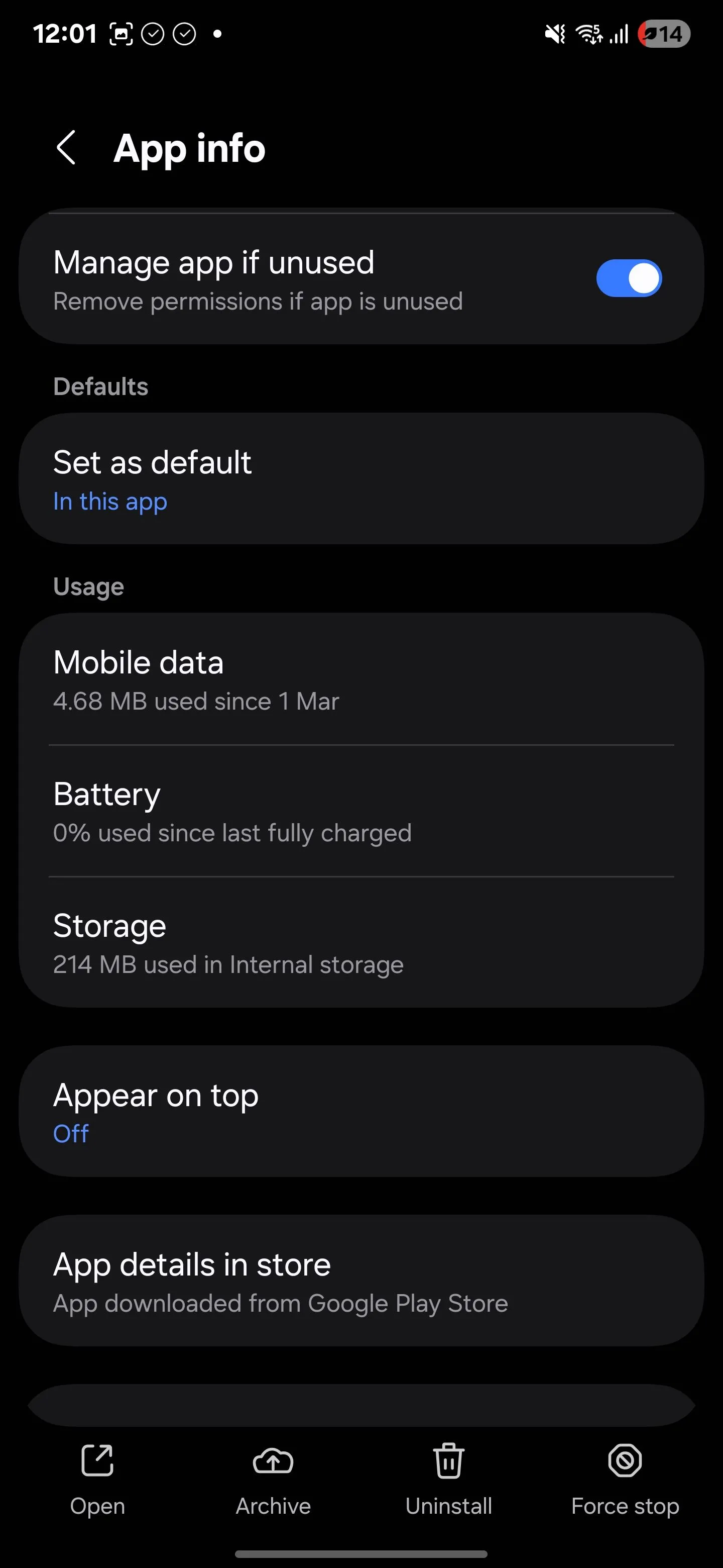 Thông tin chi tiết về ứng dụng trong cài đặt Android, bao gồm mục &quot;Pin&quot; để điều chỉnh hoạt động nền
