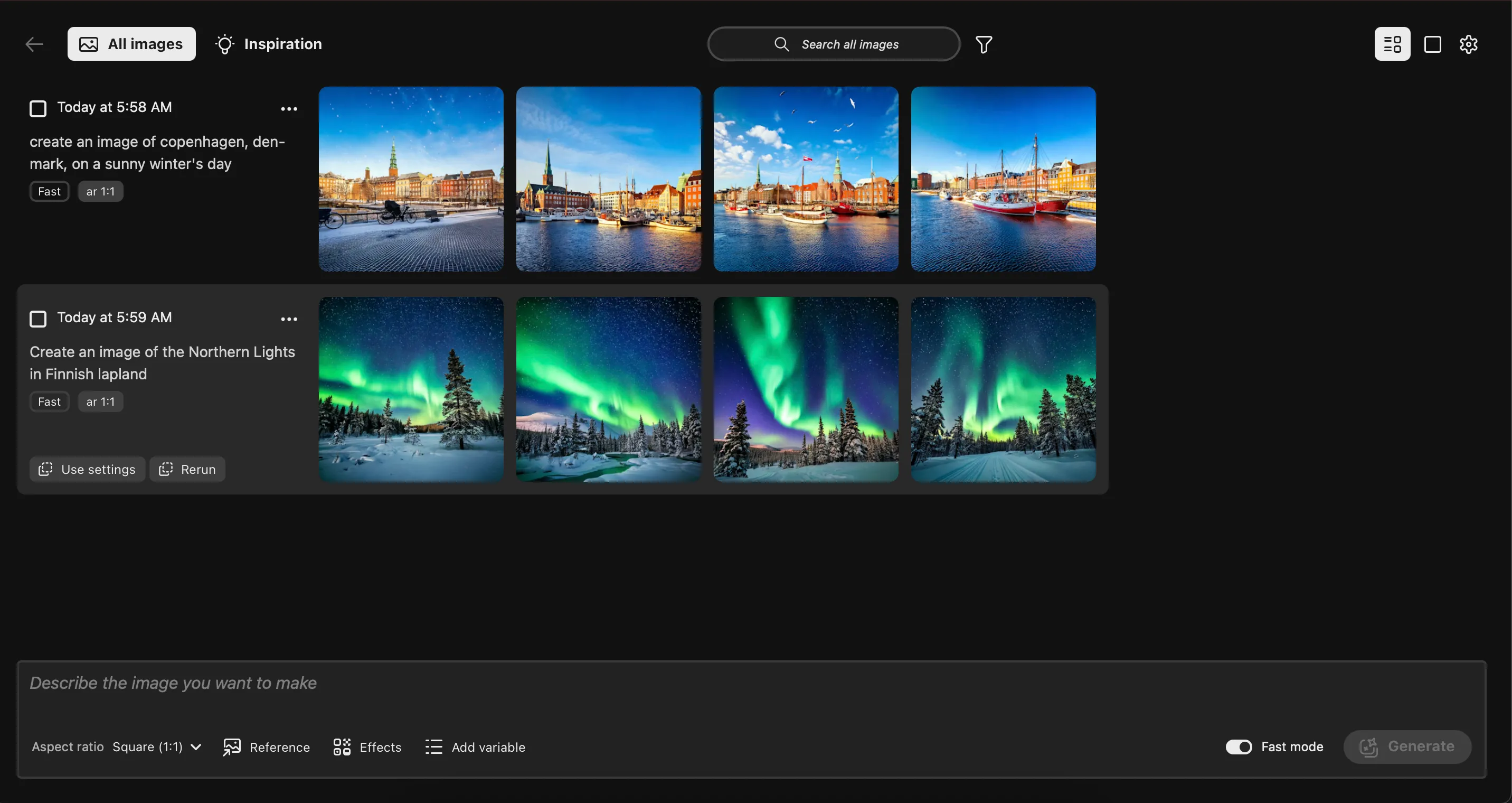 Thư viện hình ảnh AI trong Generative Workspace của Photoshop Beta, hiển thị các tác phẩm được tạo bởi AI
