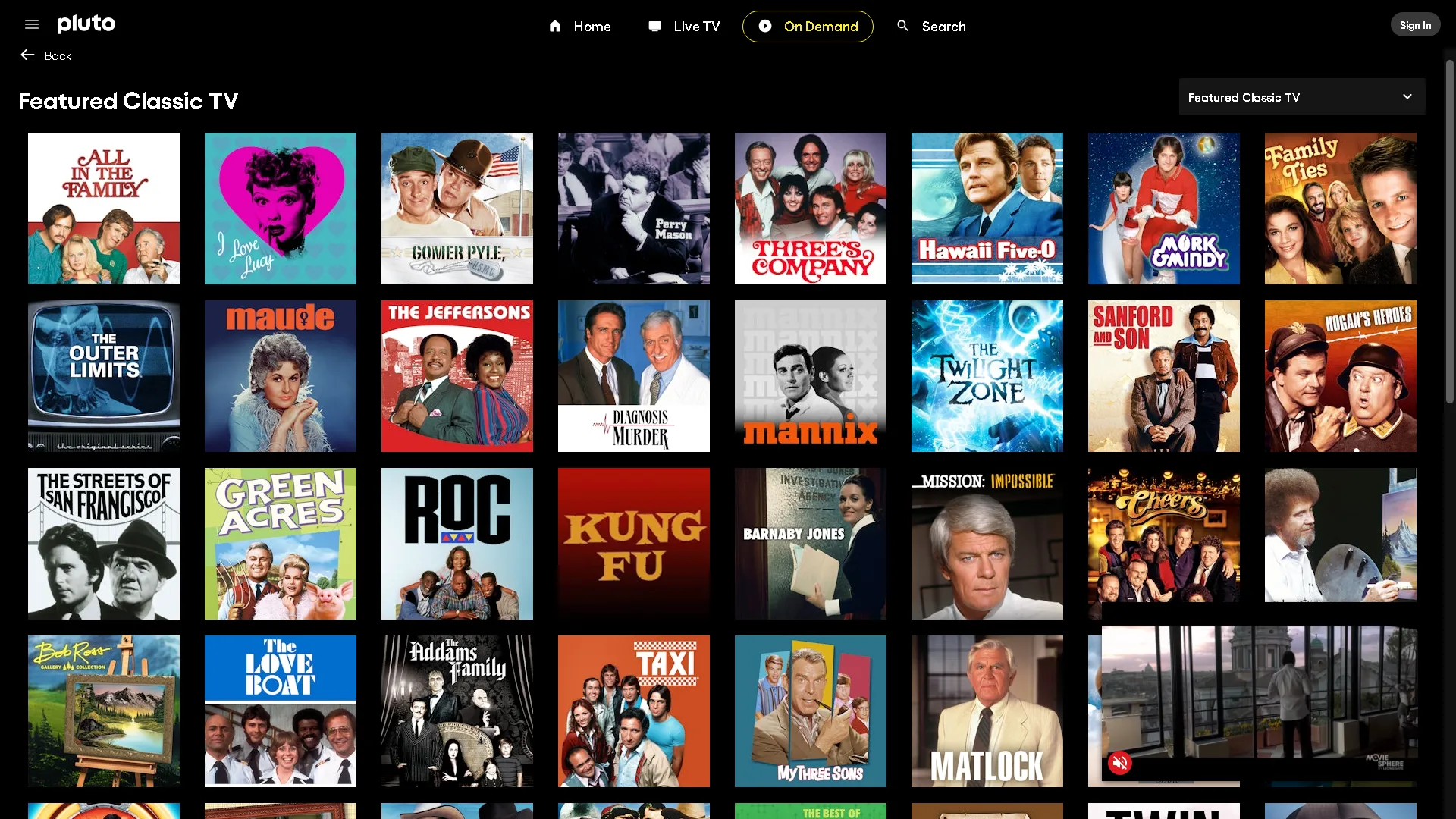 Thư viện khổng lồ của Pluto TV với nhiều chương trình truyền hình kinh điển