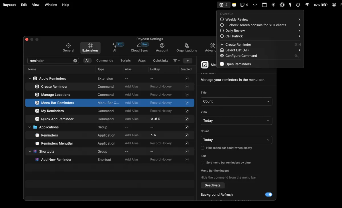 Tiện ích mở rộng Apple Reminders trong Raycast được tích hợp trên thanh Menu Bar Mac, giúp quản lý ghi chú và nhắc nhở.