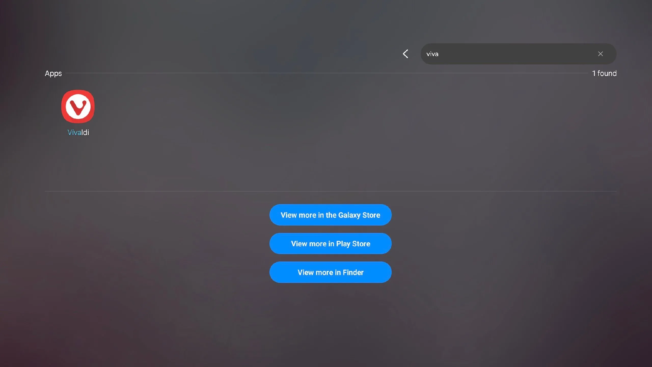 Tìm kiếm ứng dụng Vivaldi trên Samsung DeX bằng phím tắt, minh họa cách mở ứng dụng có chủ đích.