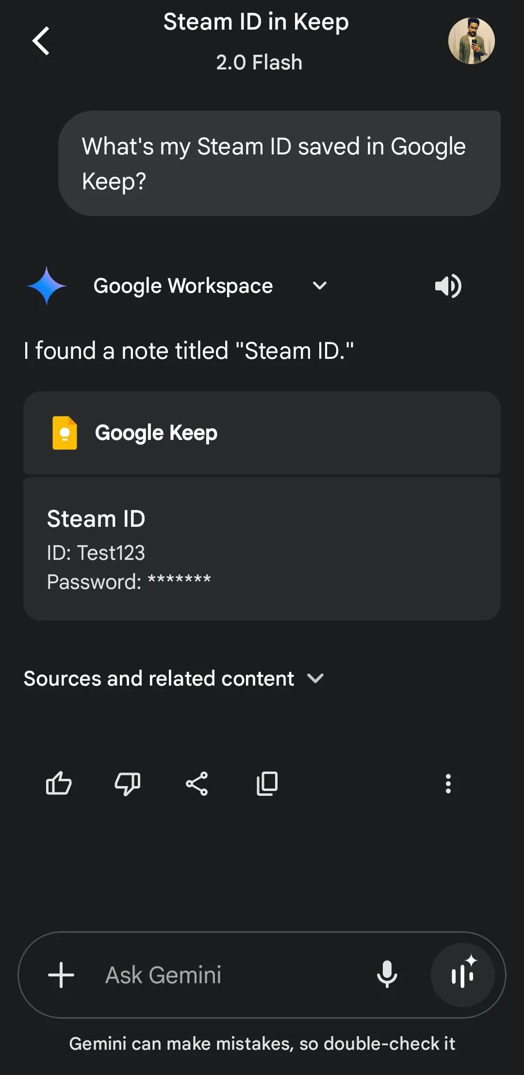 Tìm thông tin về Steam ID từ Google Keep qua Google Gemini