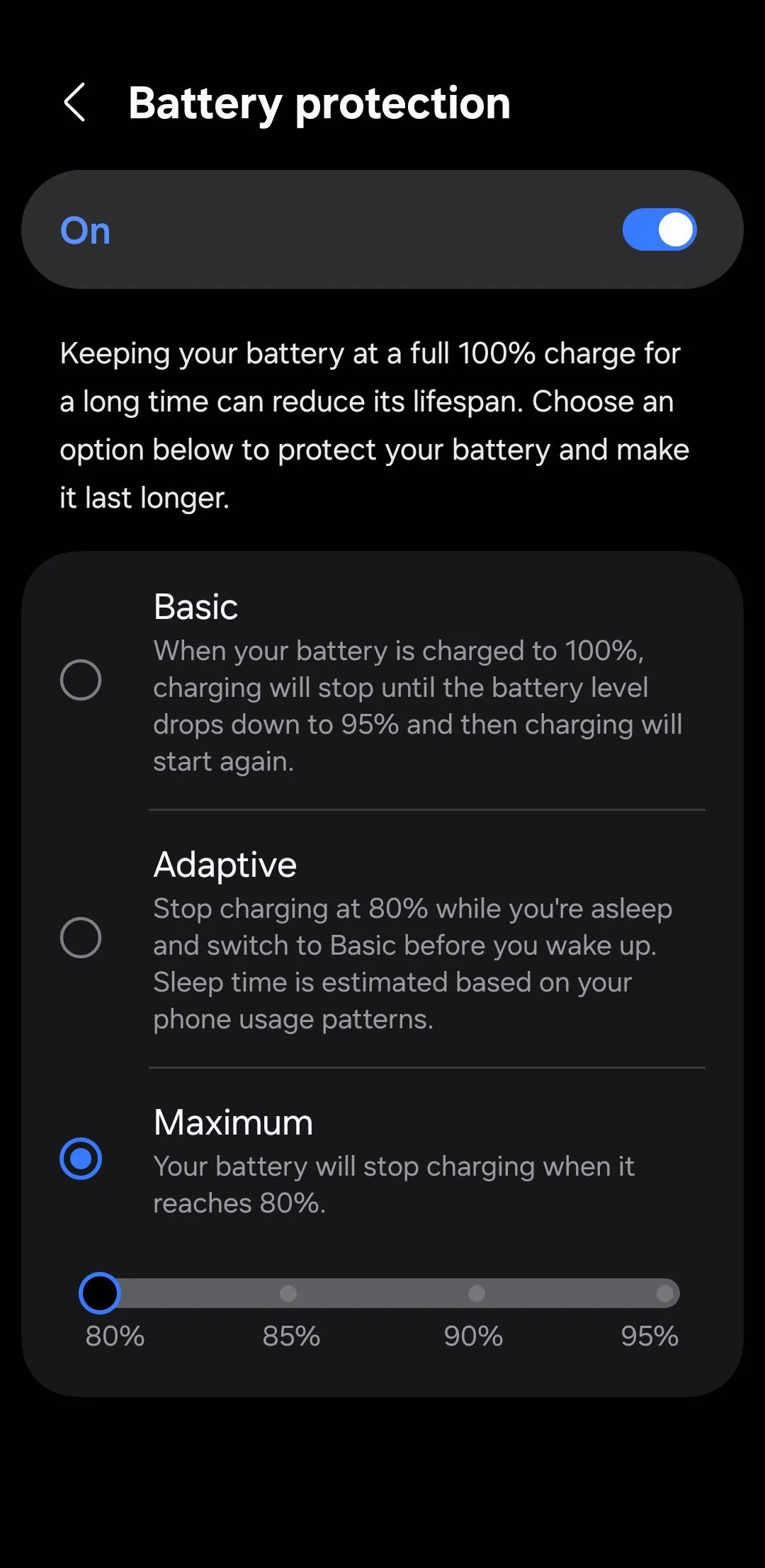 Tính năng bảo vệ pin của One UI 7 trên điện thoại Samsung với thanh trượt tùy chỉnh giới hạn sạc