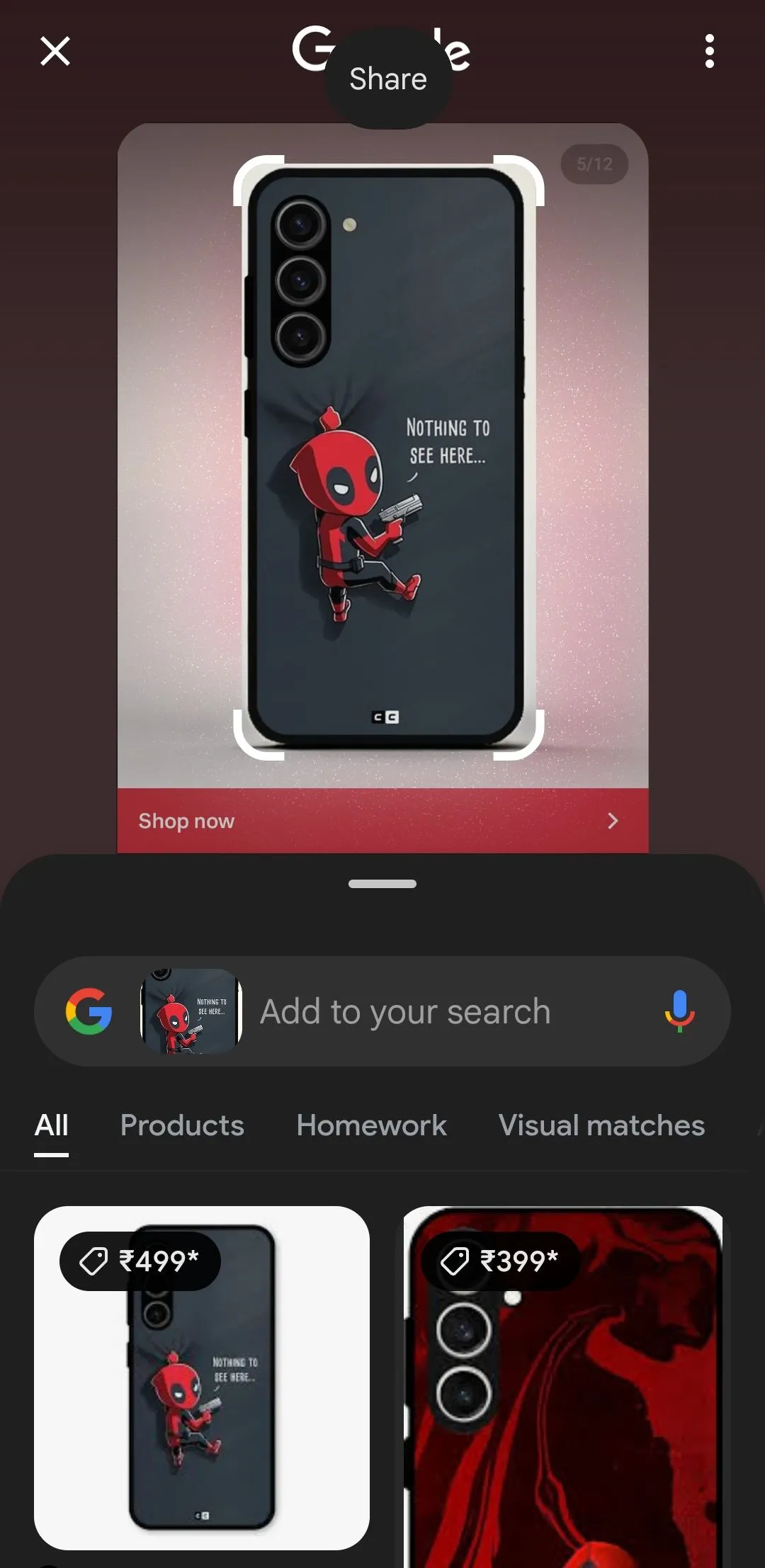 Tính năng Circle to Search của Galaxy AI hiển thị kết quả tìm kiếm ốp điện thoại từ hình ảnh