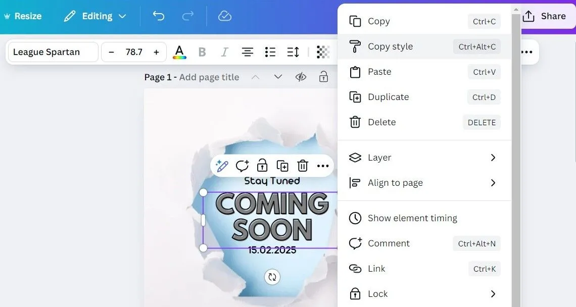 Tính năng 'Copy Style' trong ứng dụng Canva giúp sao chép định dạng nhanh chóng, tiết kiệm thời gian thiết kế.