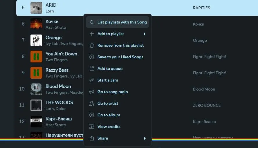 Tính năng &quot;List playlist with this song&quot; của Spicetify giúp tìm nhanh danh sách phát chứa bài hát cụ thể.