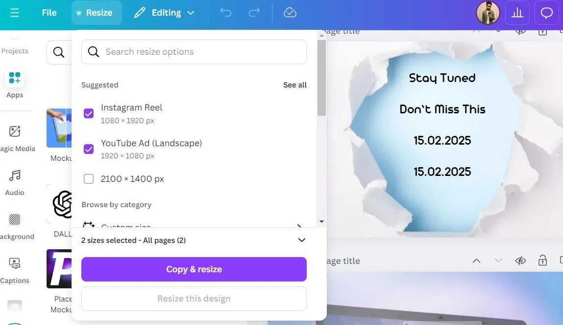 Tính năng 'Magic Resize' của Canva Pro, cho phép thay đổi kích thước thiết kế tự động cho nhiều nền tảng.