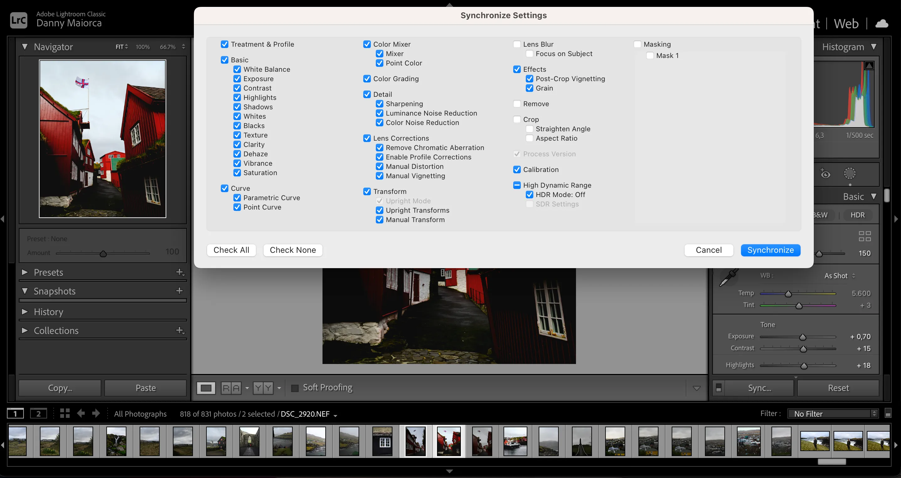 Tính năng Sync Settings trong Adobe Lightroom giúp đồng bộ nhanh chóng các thiết lập chỉnh sửa cho nhiều ảnh.