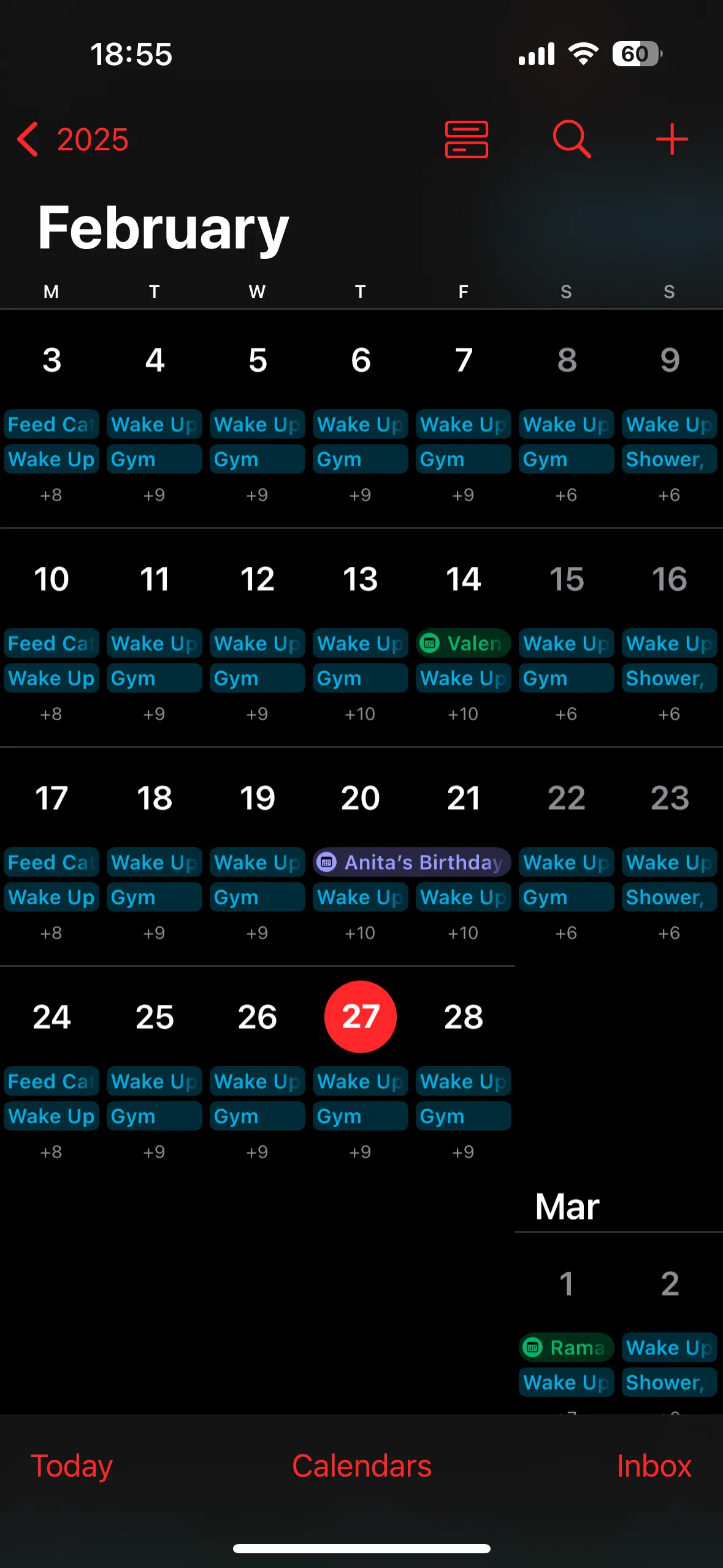 Tổng quan ứng dụng Lịch (Apple Calendar) trên iPhone với tùy chọn Lịch ở cuối màn hình