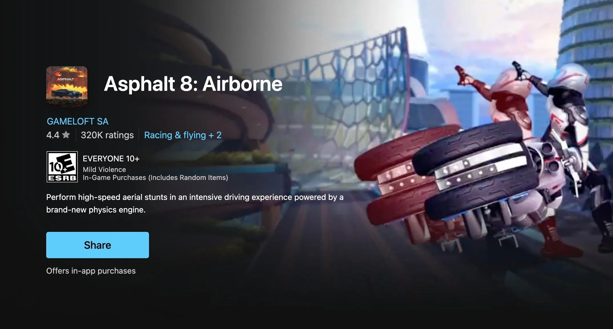 Trang Asphalt 8: Airborne trên Microsoft Store, một tựa game đua xe từng được cài đặt sẵn trên Windows.