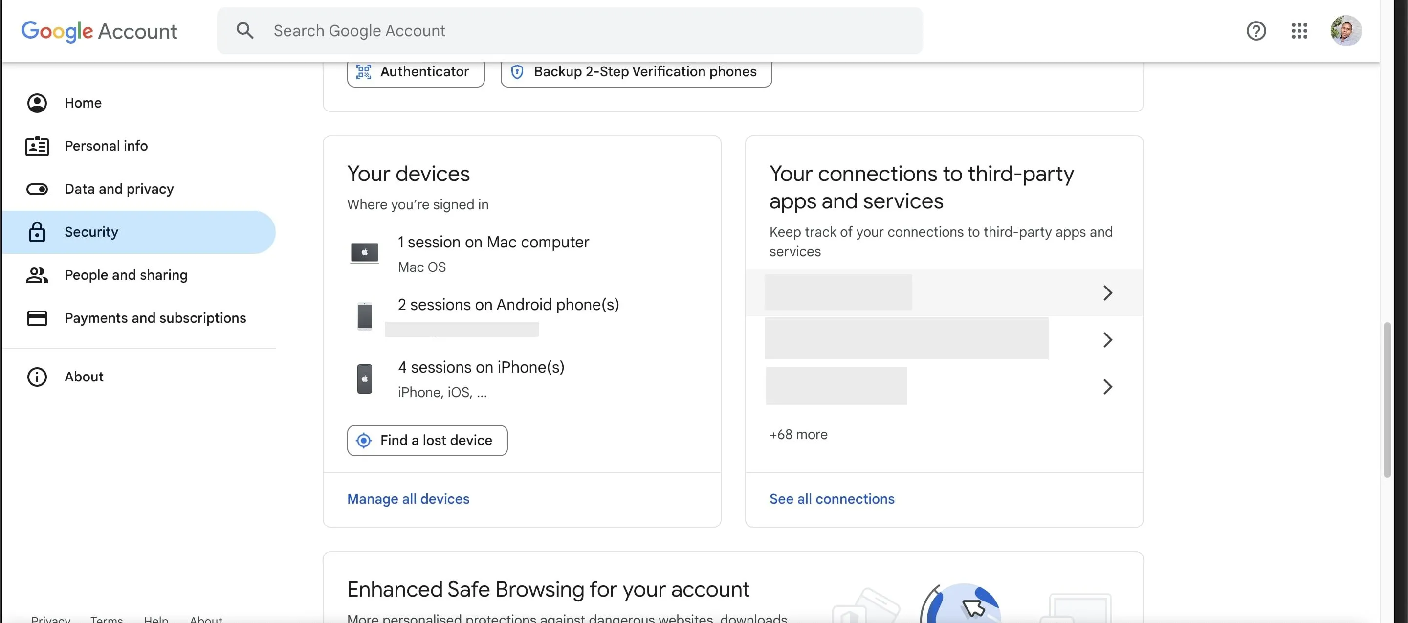 Trang bảo mật tài khoản Google hiển thị danh sách các thiết bị đã đăng nhập.