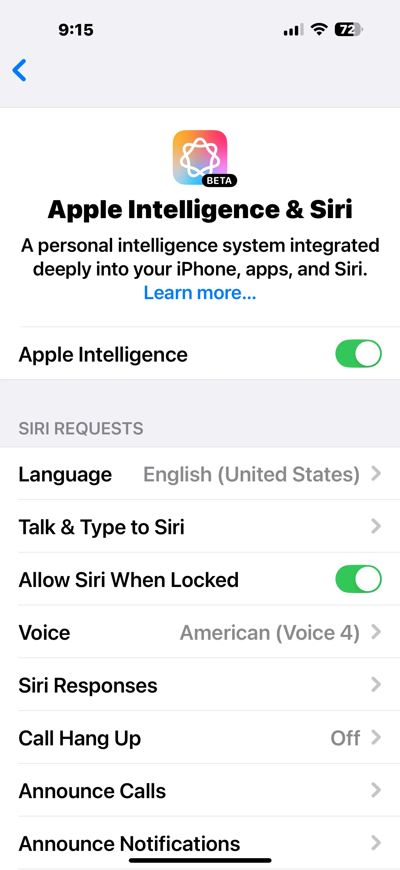 Trang cài đặt Apple Intelligence &amp; Siri trên iPhone, hiển thị tùy chọn tắt hoàn toàn các tính năng AI của Apple