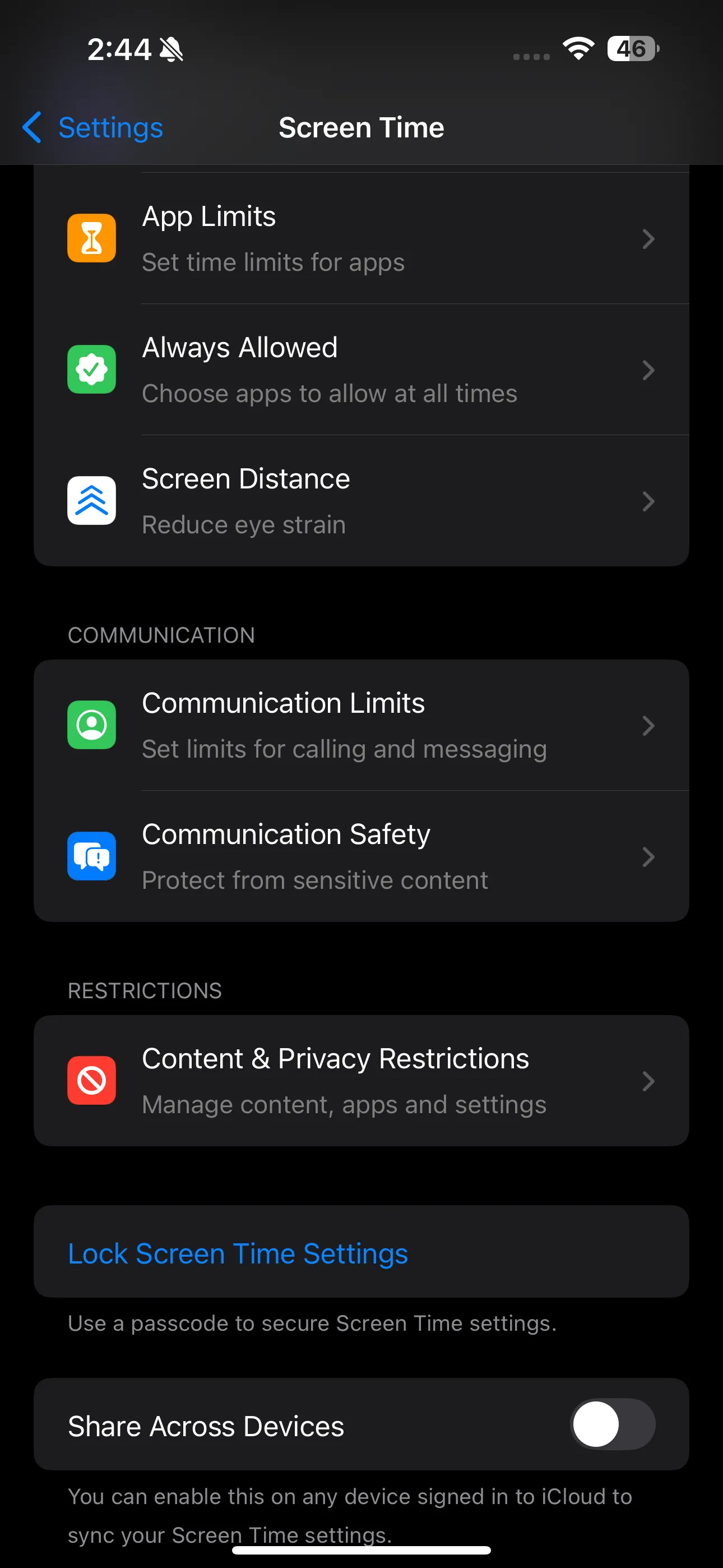 Trang cài đặt Thời gian sử dụng trên iPhone với các tùy chọn quản lý việc sử dụng thiết bị