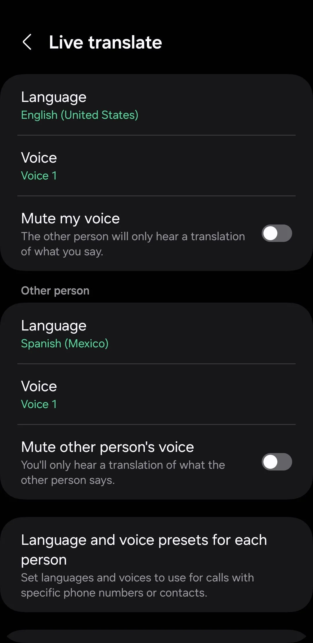Trang cài đặt tính năng Live Translate cho cuộc gọi trên điện thoại Samsung Galaxy