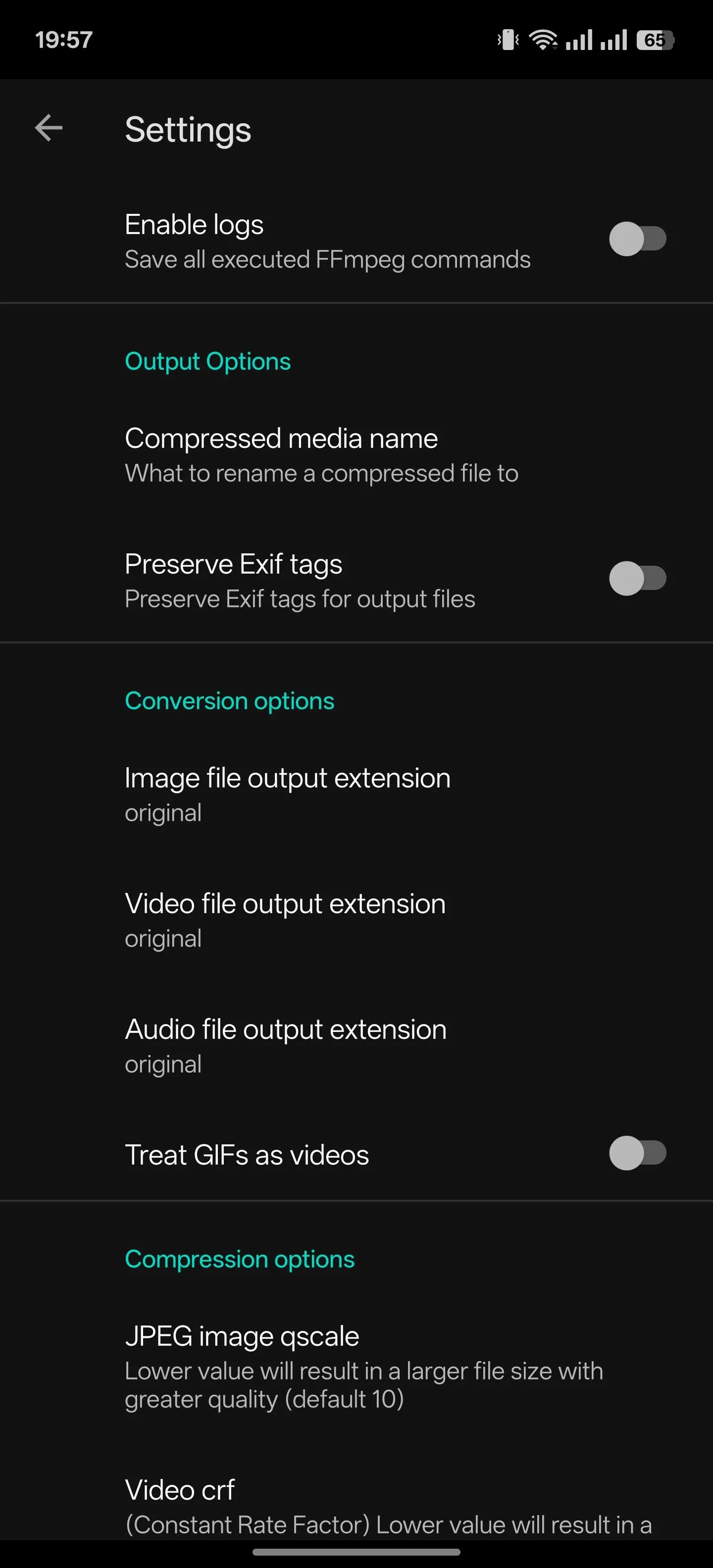 Trang cài đặt trong ứng dụng FFShare trên Android, cho phép tùy chỉnh các thông số nén và xử lý media.