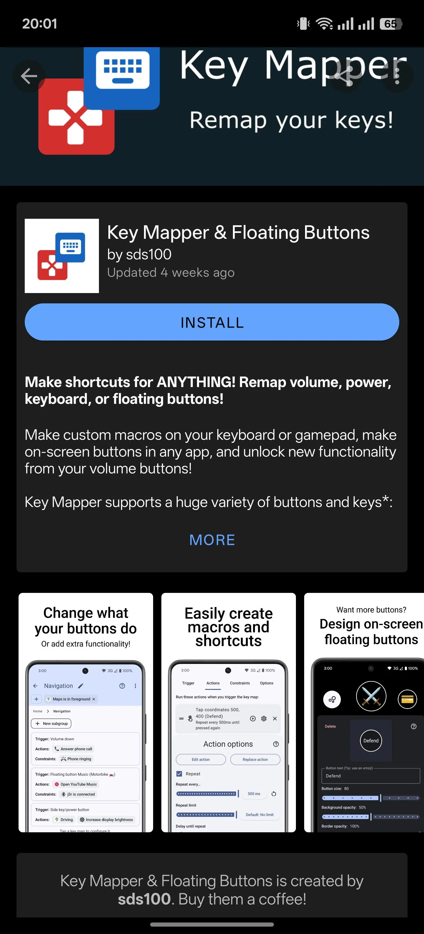 Trang chi tiết ứng dụng &quot;Key Mapper&quot; trong kho ứng dụng F-Droid trên Android, cung cấp thông tin và tùy chọn cài đặt.