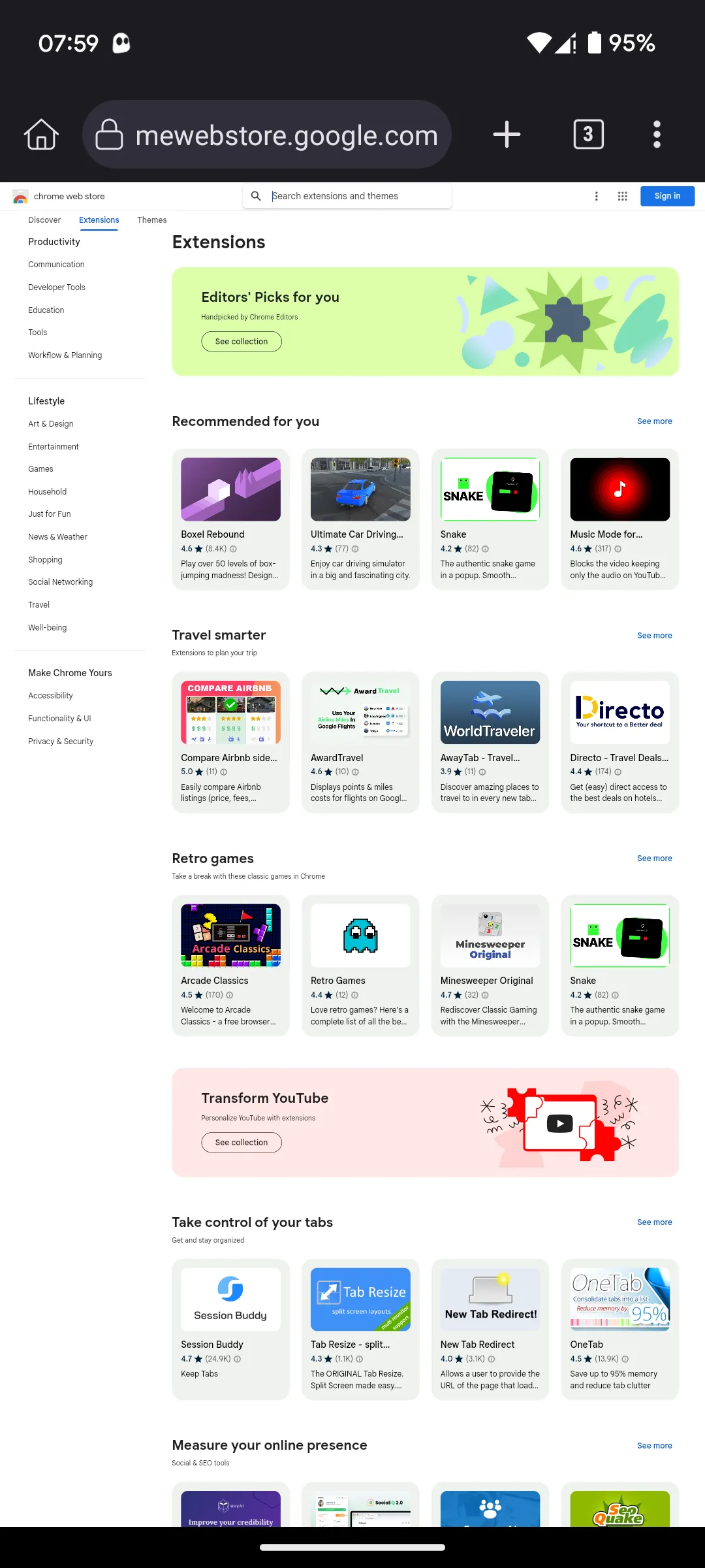 Trang chủ Chrome Web Store hiển thị trong Kiwi Browser
