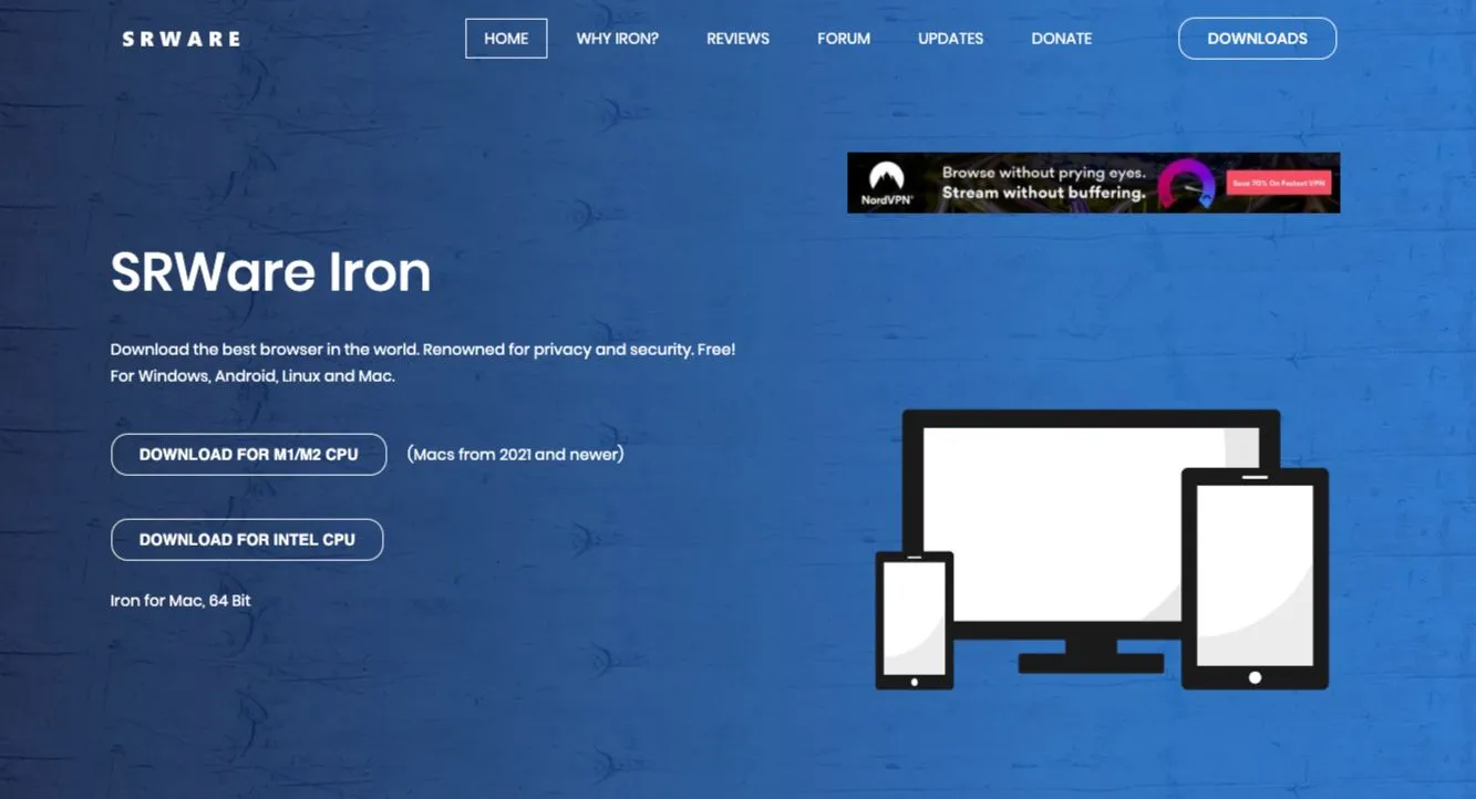 Trang chủ của SRWare Iron Browser