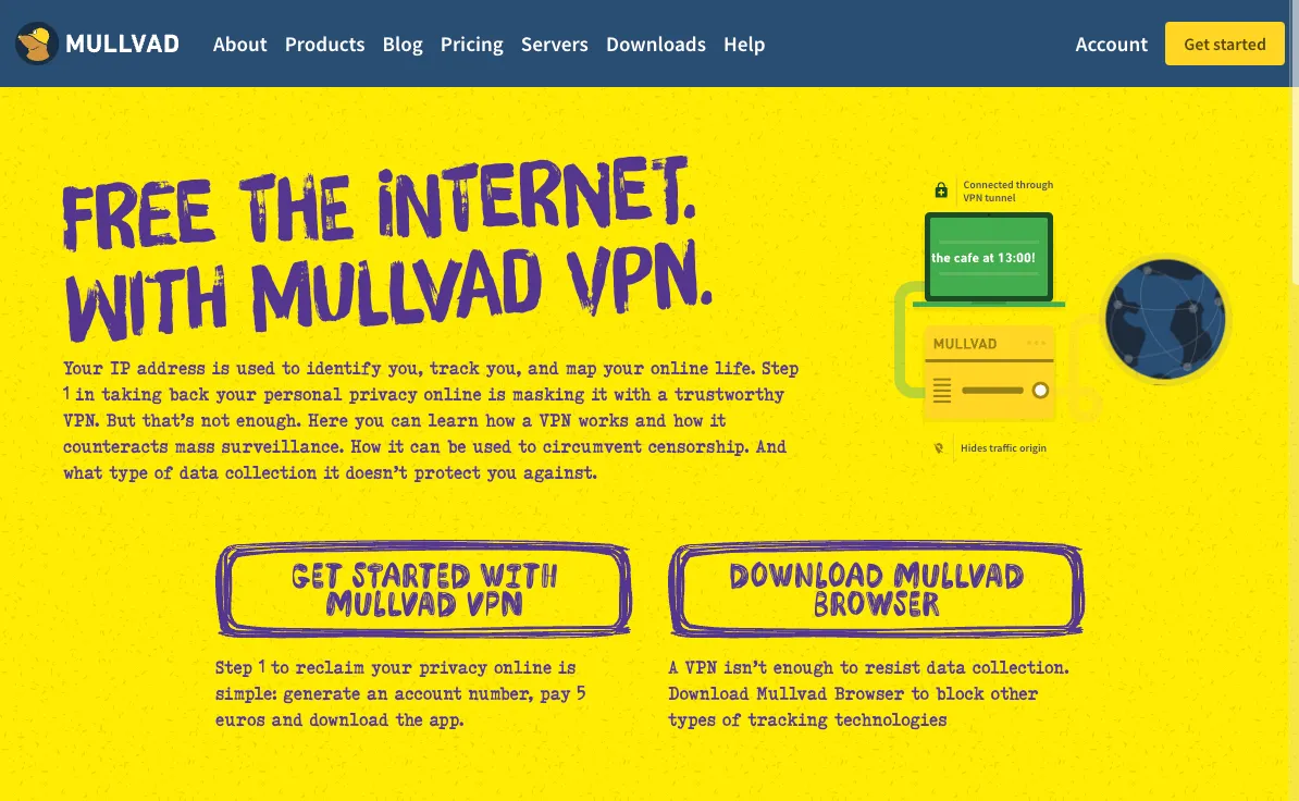 Trang chủ dịch vụ Mullvad VPN, nổi bật với chính sách không lưu nhật ký và khả năng ẩn danh.