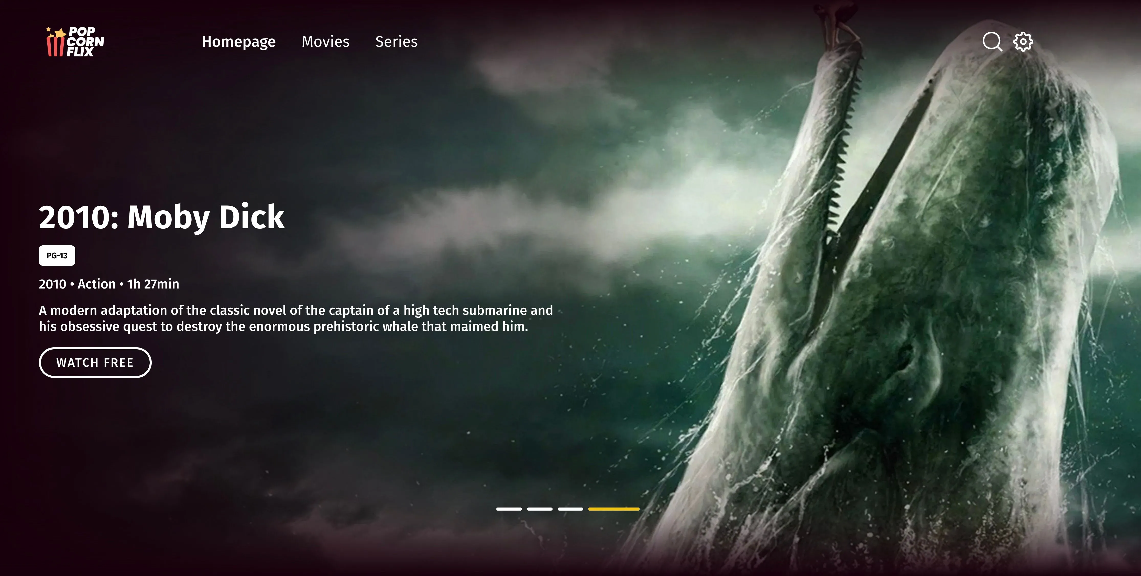 Trang chủ Popcornflix hiển thị hình ảnh phim &quot;Moby Dick&quot;, minh họa cách người dùng có thể xem phim không cần đăng nhập trên nền tảng này.