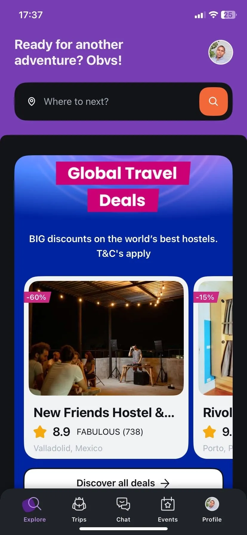 Trang chủ ứng dụng Hostelworld với các gợi ý nhà trọ, tối ưu cho việc tìm kiếm chỗ ở thân thiện