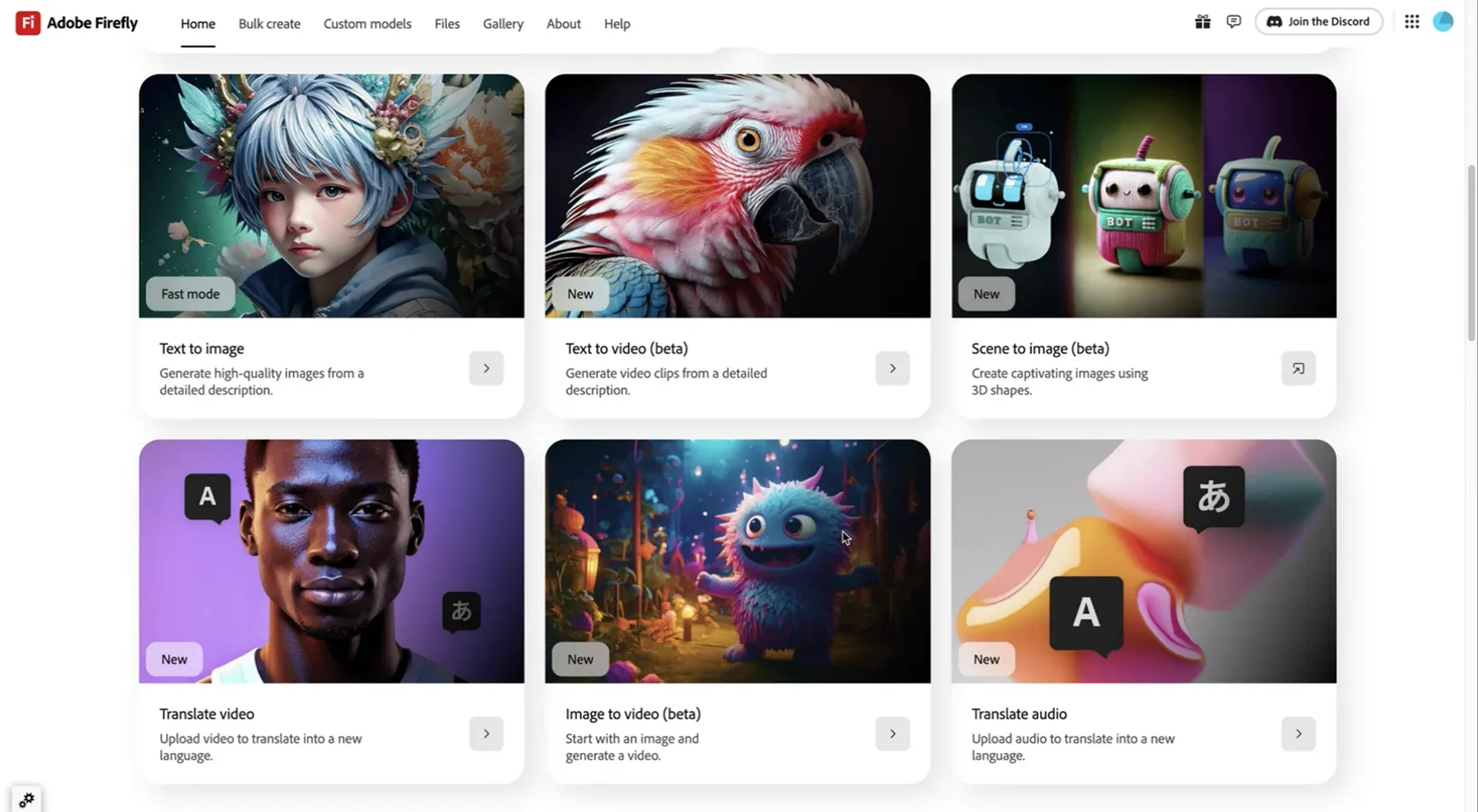 Trang chủ ứng dụng web Adobe Firefly mới, hiển thị các công cụ AI tạo sinh bao gồm Generate Video và Translate Video.