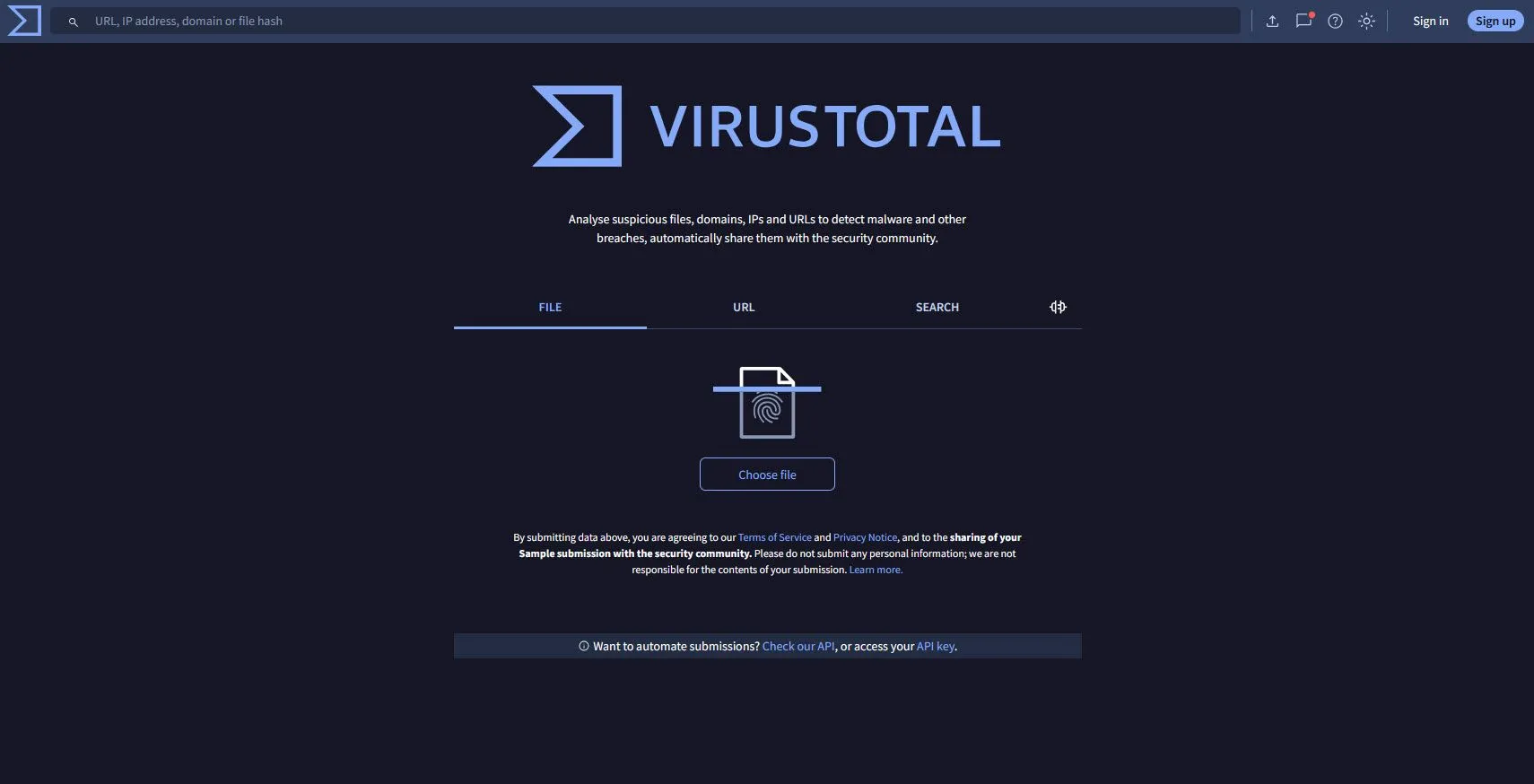 Trang chủ website VirusTotal, nền tảng kiểm tra virus và mã độc trực tuyến miễn phí.