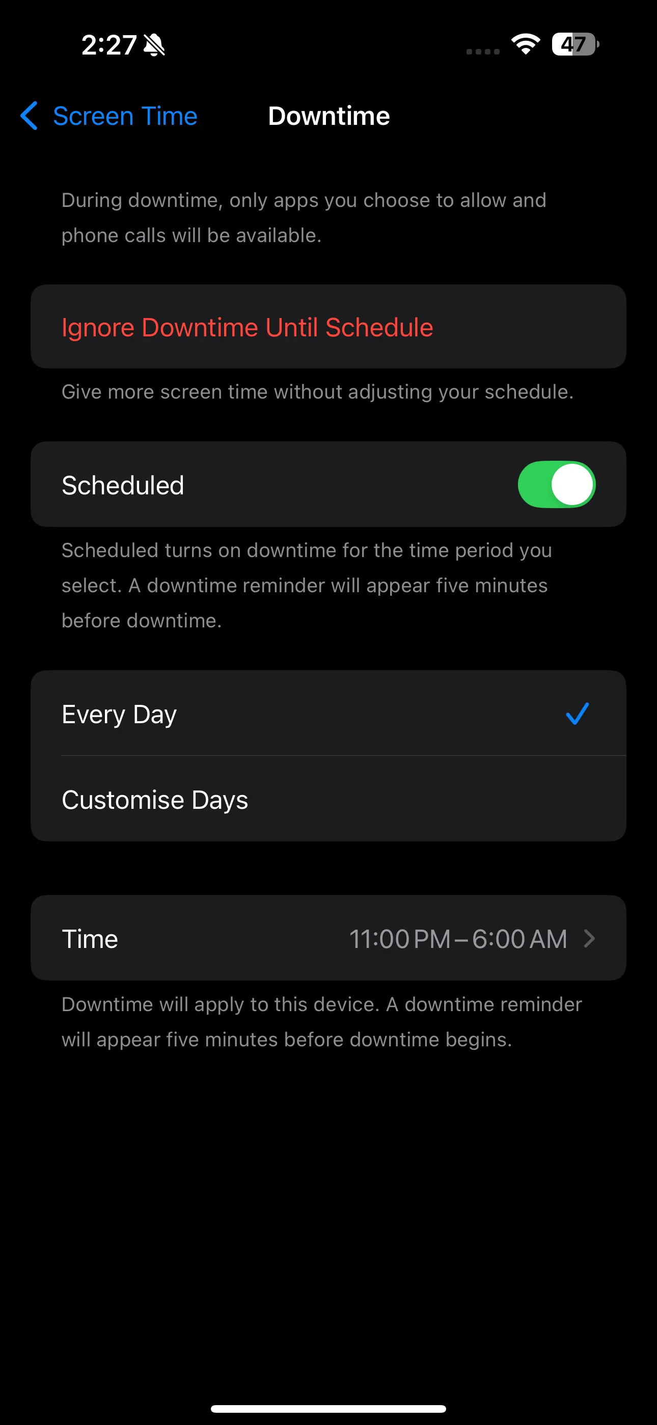 Trang Downtime trong ứng dụng Cài đặt trên iPhone, hiển thị các tùy chọn thiết lập giới hạn sử dụng thiết bị