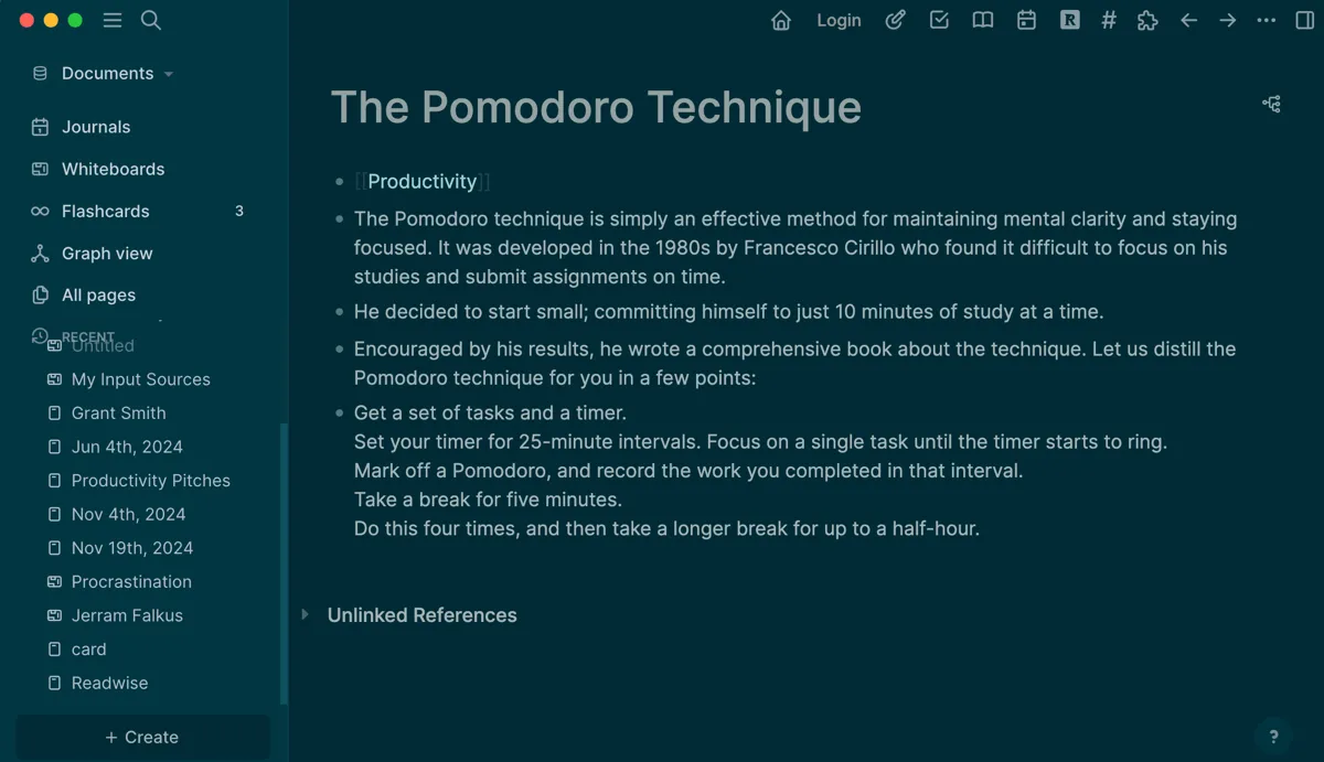 Trang ghi chú về Kỹ thuật Pomodoro trong Logseq, minh họa liên kết hai chiều trong PKM.