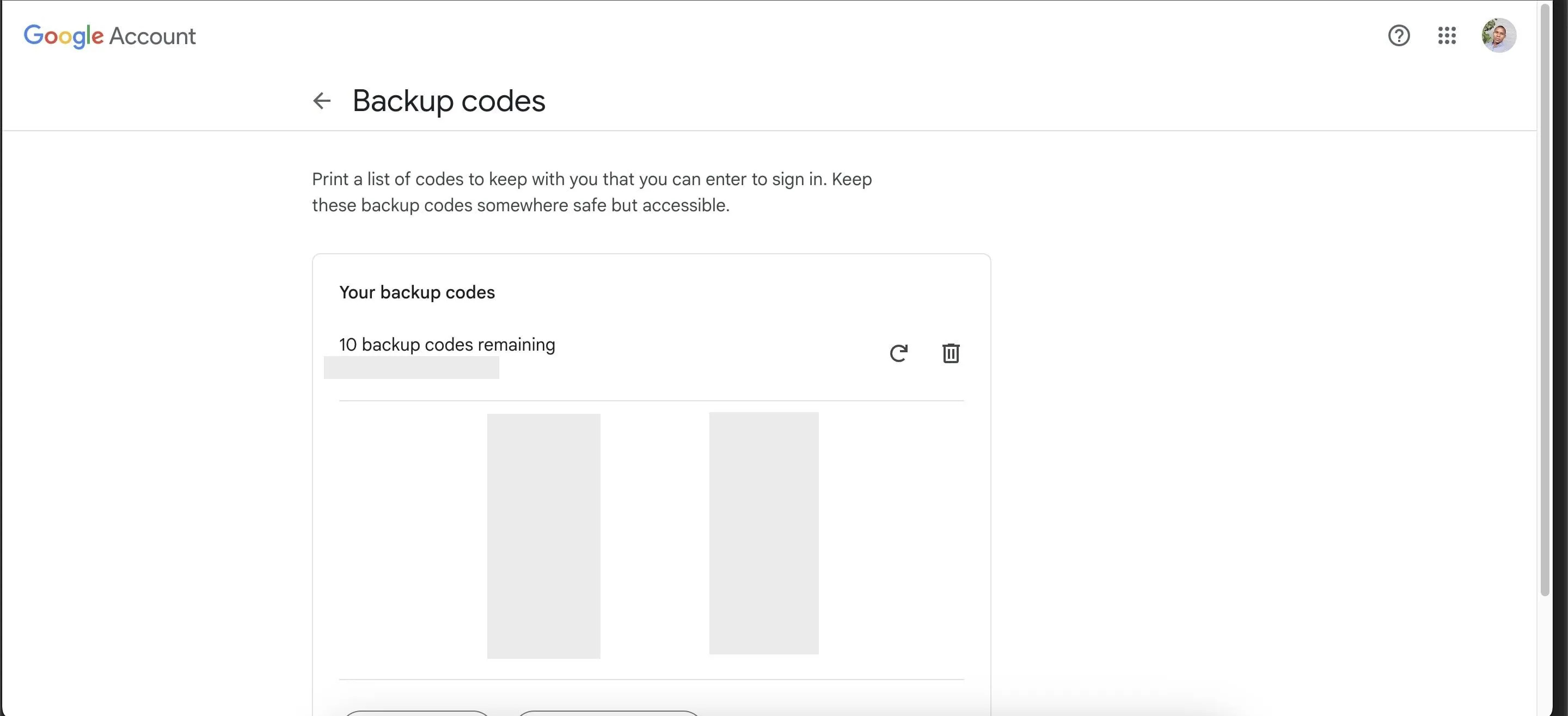 Trang quản lý mã dự phòng trong cài đặt tài khoản Google của bạn.