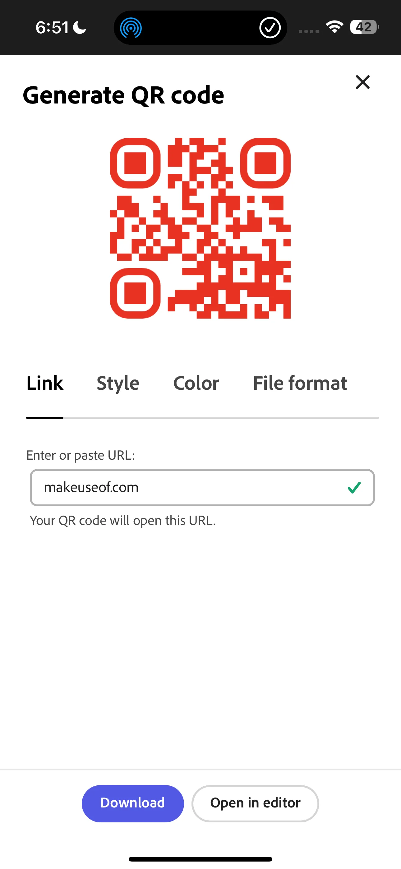 Trang tạo mã QR trong Adobe Express với đường liên kết MakeUseOf đã nhập