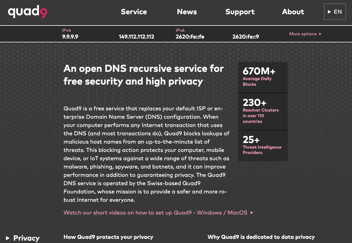 Trang web chính thức của Quad9 DNS resolver, dịch vụ DNS bảo mật giúp bảo vệ quyền riêng tư người dùng.